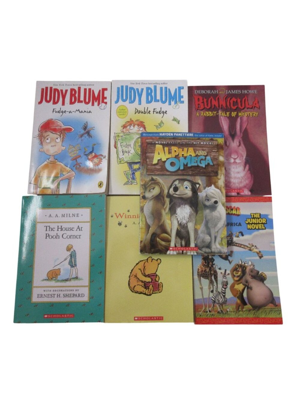 Lot of 7 Children's PB Books - Pooh - Alpha Omega - Madagascar - Judy Blume